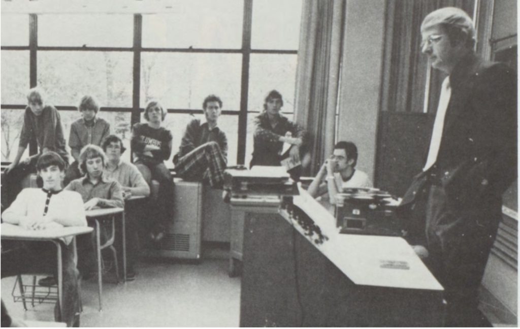 Sam Simmermaker addresses a class at Columbus High School in 1970s